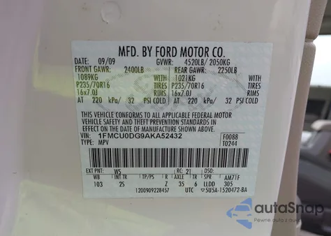 2010 Ford Escape Xlt z USA, uszkodzony, nr VIN 1FMCU0DG9AKA52432